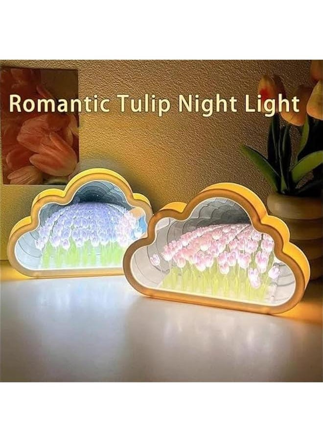 Pink Tulip Cloud Mirror Lamp, Flower Lamp Table Light for Bedroom Desk Decor, Simulation LED Flower Night Ligth for Friends, Family, Wife, Mother, Sister