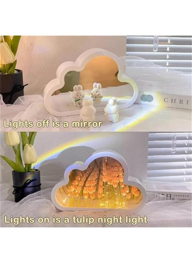 Pink Tulip Cloud Mirror Lamp, Flower Lamp Table Light for Bedroom Desk Decor, Simulation LED Flower Night Ligth for Friends, Family, Wife, Mother, Sister