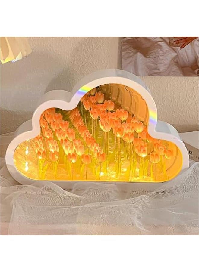 Pink Tulip Cloud Mirror Lamp, Flower Lamp Table Light for Bedroom Desk Decor, Simulation LED Flower Night Ligth for Friends, Family, Wife, Mother, Sister