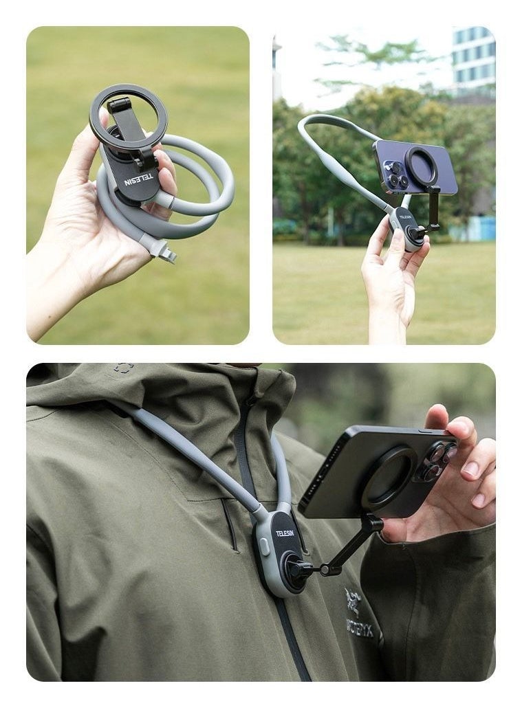 Magnetic Neck Mount for Phones – High-Strength Magnetic POV/Vlog Holder with Adjustable Chest Strap for Selfies, Video Recording & Hands-Free Use – Compatible with iPhone 15/14/13/12 Series & Android Devices (Grey)