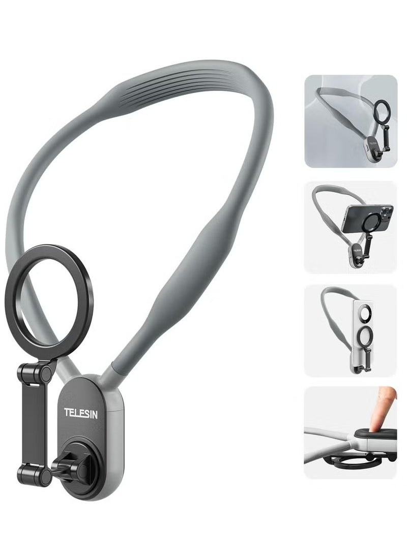 Magnetic Neck Mount for Phones – High-Strength Magnetic POV/Vlog Holder with Adjustable Chest Strap for Selfies, Video Recording & Hands-Free Use – Compatible with iPhone 15/14/13/12 Series & Android Devices (Grey)