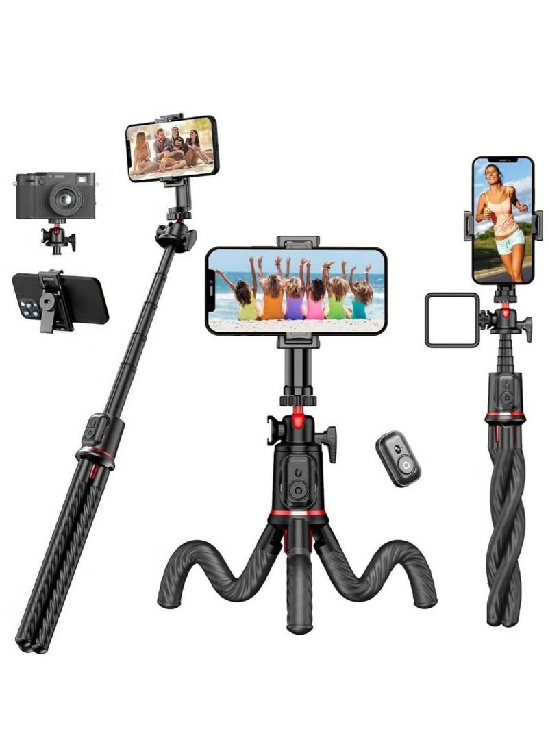 Phone Tripod Flexible Selfie Stick – Octopus Camera Tripod Stand with Remote, 360° Rotation, Extendable, Portable for iPhone & Android Video Recording