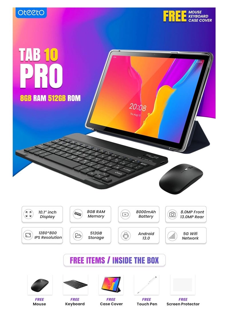 Oteeto TAB 10 Pro/Single SIM 5G Network/8GB RAM + 512GBG ROM/5G Wifi/8000 mAh/8MP Front + 13MP Rear Camera/Quad Core 2.0GHz Processor/Android 13/Includes Keyboard,Mouse,Touch Pen,OTG,Flip Cover (Grey)