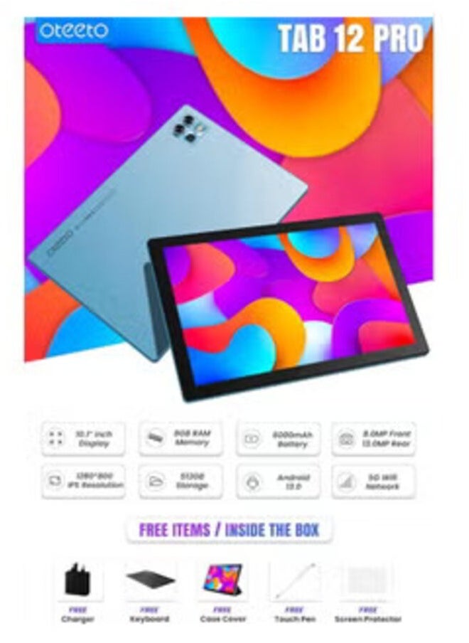 Oteeto TAB 12 Pro/ 5G Network/8GB RAM + 512GBG ROM/5G Wifi/6000 mAh/8MP Front + 13MP Rear Camera/Quad Core Processor/Android 13/Includes Keyboard,Mouse,Touch Pen,OTG, Protect firm,Flip Cover (Blue)