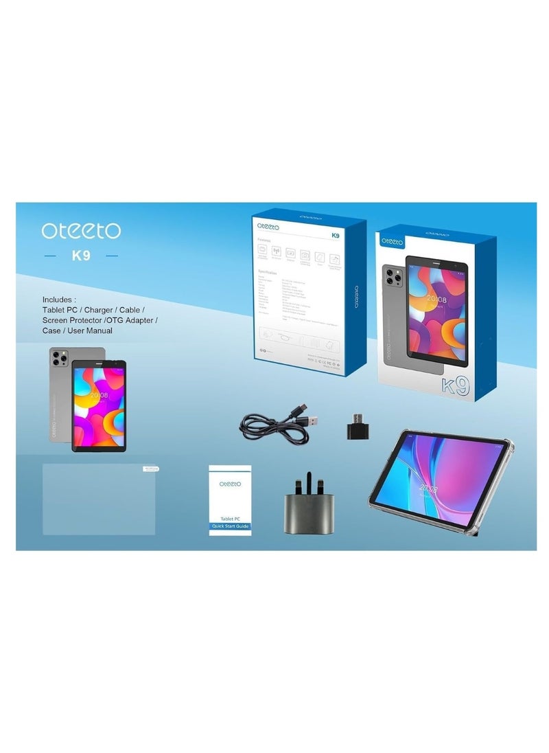 Oteeto K9, 5G Android Tablet, 8 Inch IPS Display, Octa-core Processor, 8GB RAM, 512GB ROM, Bluetooth, Cellular, Wi-Fi, 5000 mAh Battery, Gray | K9