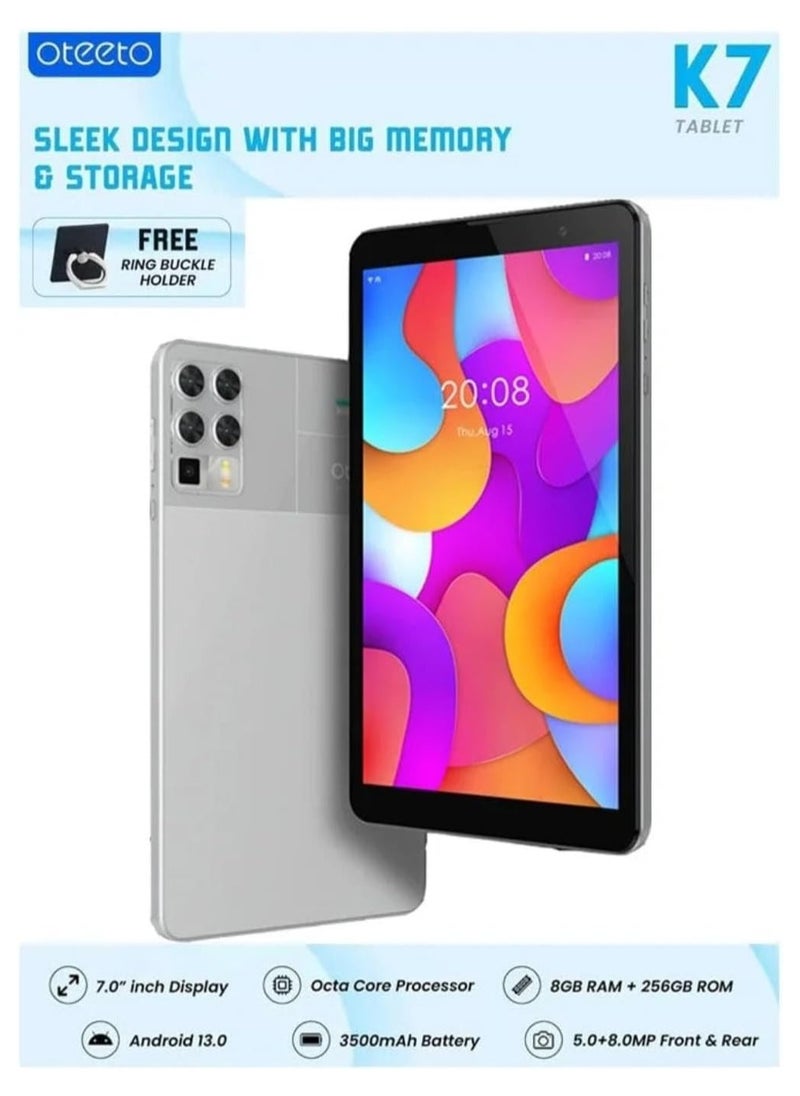 Oteeto K7 Android Tablet, 7.0 Inch 8 GB RAM, 256 GB ROM, 3500 mAh Battery, Octa Core Processor, Android 13.0, 5 + 8 MP Front Camera, Grey | K7