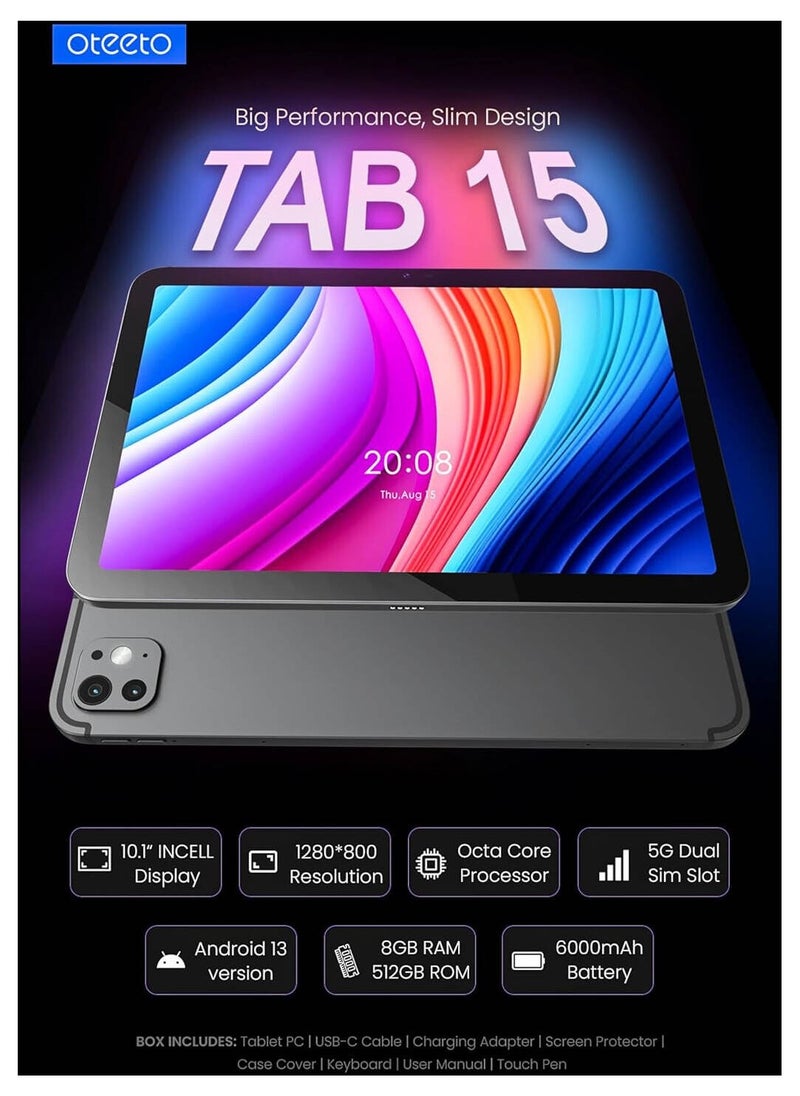 OTEETO TAB 15 Tablet/10.1 Inch/4G SIM/iOS Style Operating System/5G Dual SIM/Octa Core Processor/Included Flip Cover&Keyboard/8GB RAM + 512 GB ROM/Android 13/6000 mAh/8MP Front+13 MP Rear (Blue)