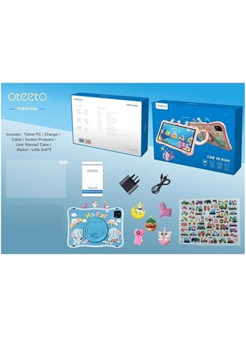 Oteeto TAB 10 Kids Tablet - Blue/10.1 Inch IPS/Octa Core 1.8 GHz Processor/6GB RAM + 128GB ROM/5MP Front + 8 MP Rear Camera/Single SIM 4G Network/8000 mAh/Android 13/Includes Sticker, Little Doll 5 pcs (Blue)