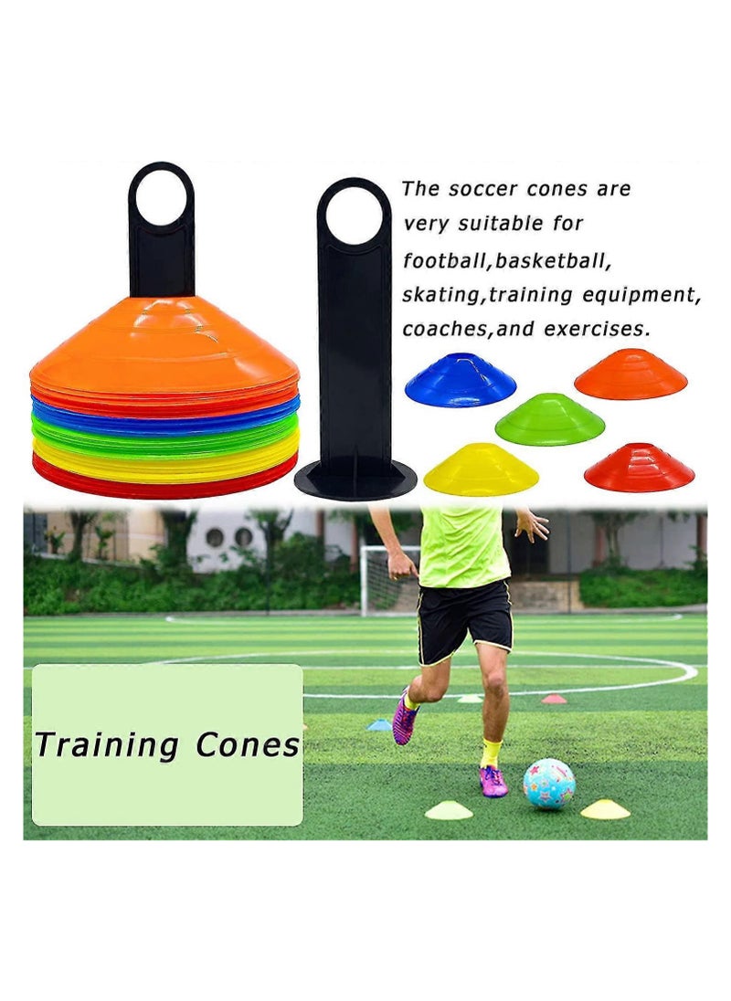 50 Pieces Agility Training Cones | Field Cone Markers With Holder | 5 Bright Colours | Sports Training Cones | Plastic Agility Cones | Games | Football | Soccer | Kids | Basketball | Sports Disc Cones