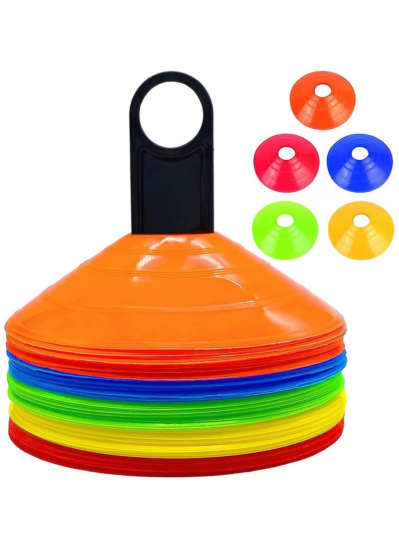 50 Pieces Agility Training Cones | Field Cone Markers With Holder | 5 Bright Colours | Sports Training Cones | Plastic Agility Cones | Games | Football | Soccer | Kids | Basketball | Sports Disc Cones