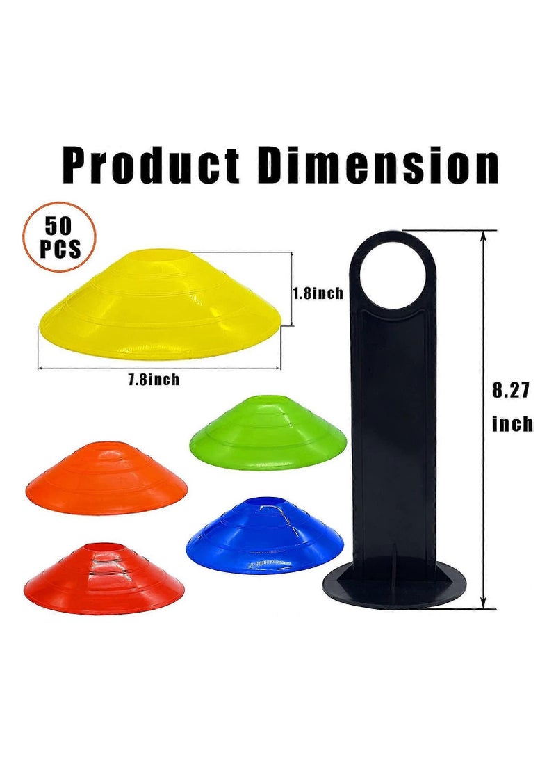 50 Pieces Agility Training Cones | Field Cone Markers With Holder | 5 Bright Colours | Sports Training Cones | Plastic Agility Cones | Games | Football | Soccer | Kids | Basketball | Sports Disc Cones