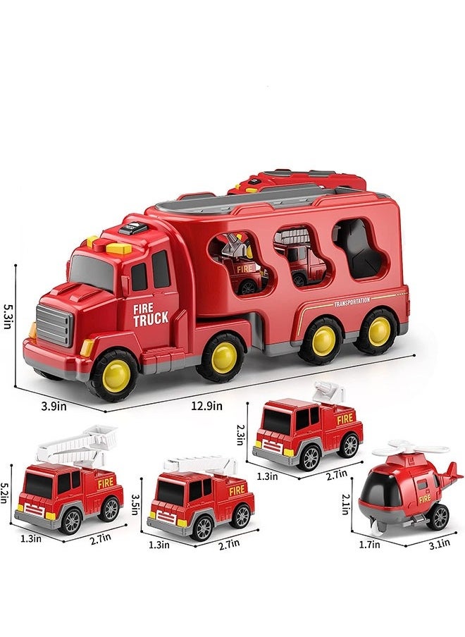 Fire Car Truck Toys for Kids, 5 in 1 Carrier Truck Transport Cars for Toddlers 1-9, Friction Power Vehicles, For Small Fireman Enthusiasts