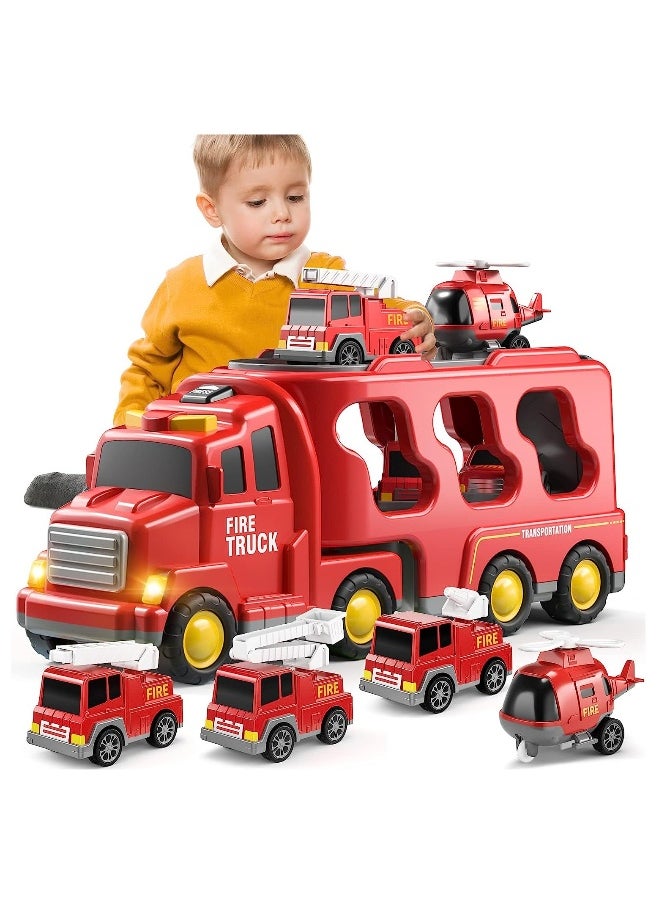 Fire Car Truck Toys for Kids, 5 in 1 Carrier Truck Transport Cars for Toddlers 1-9, Friction Power Vehicles, For Small Fireman Enthusiasts