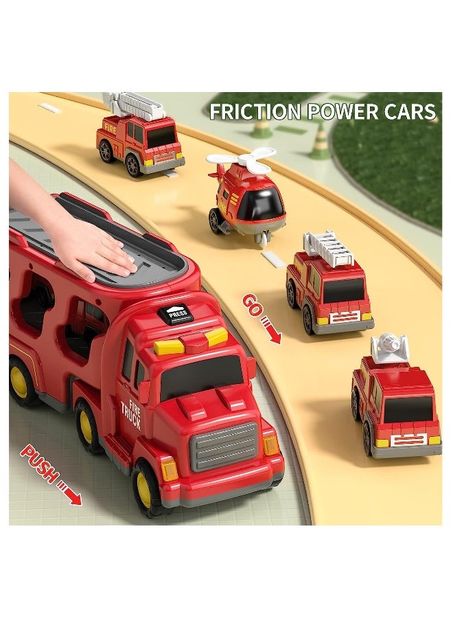 Fire Car Truck Toys for Kids, 5 in 1 Carrier Truck Transport Cars for Toddlers 1-9, Friction Power Vehicles, For Small Fireman Enthusiasts