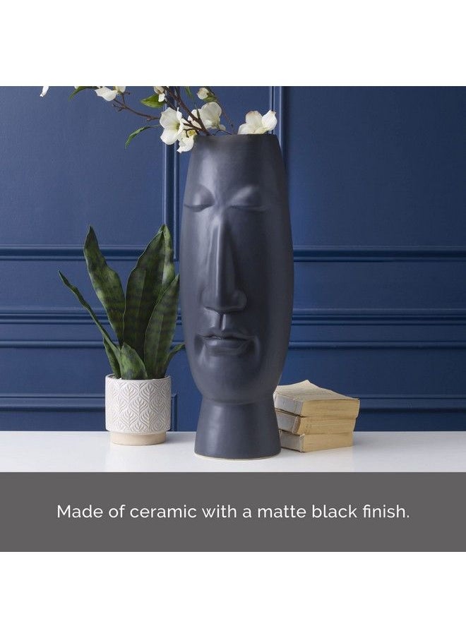 Matte Black Ceramic Face Vase Contemporary Look For Use With Faux Or Dried Flowers 6.5X6.89X19.69 Inch