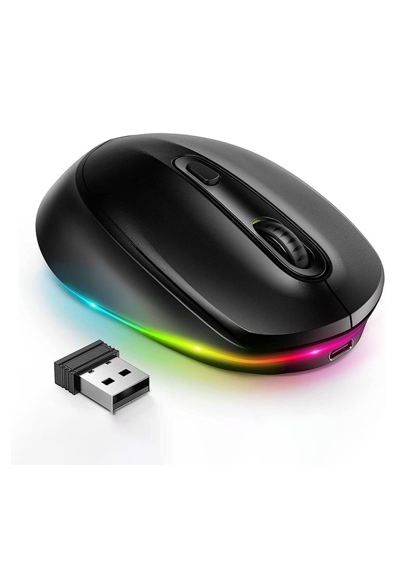 Wireless Mouse, Portable Rechargeable Light Up Mouse, Comfortable Grip Ultra Quiet Mouse, Small Cordless Gaming Mouse With LED Rainbow Lights For Computer Laptop, (1pc, Black)