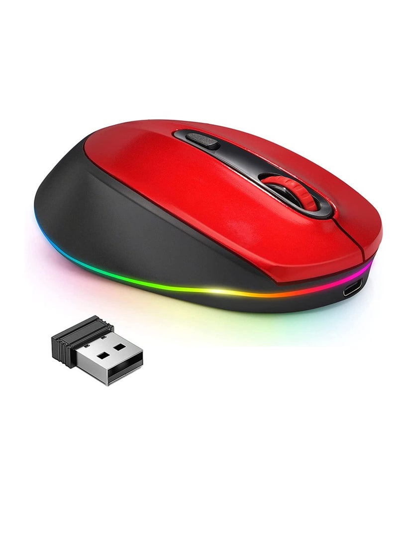 Wireless Mouse, Portable Rechargeable Light Up Mouse, Comfortable Grip Ultra Quiet Mouse, Small Cordless Gaming Mouse With LED Rainbow Lights For Computer Laptop, (1pc, Black Red)