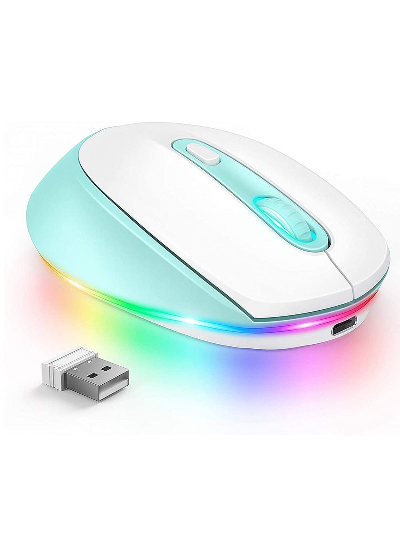 Wireless Mouse, Portable Rechargeable Light Up Mouse, Comfortable Grip Ultra Quiet Mouse, Small Cordless Gaming Mouse With LED Rainbow Lights For Computer Laptop, (1pc, White Blue)