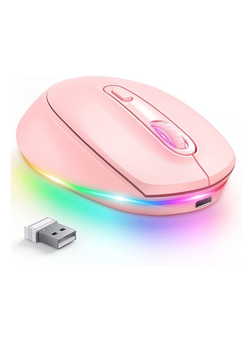 Wireless Mouse, Portable Rechargeable Light Up Mouse, Comfortable Grip Ultra Quiet Mouse, Small Cordless Gaming Mouse With LED Rainbow Lights For Computer Laptop, (1pc, Pink)