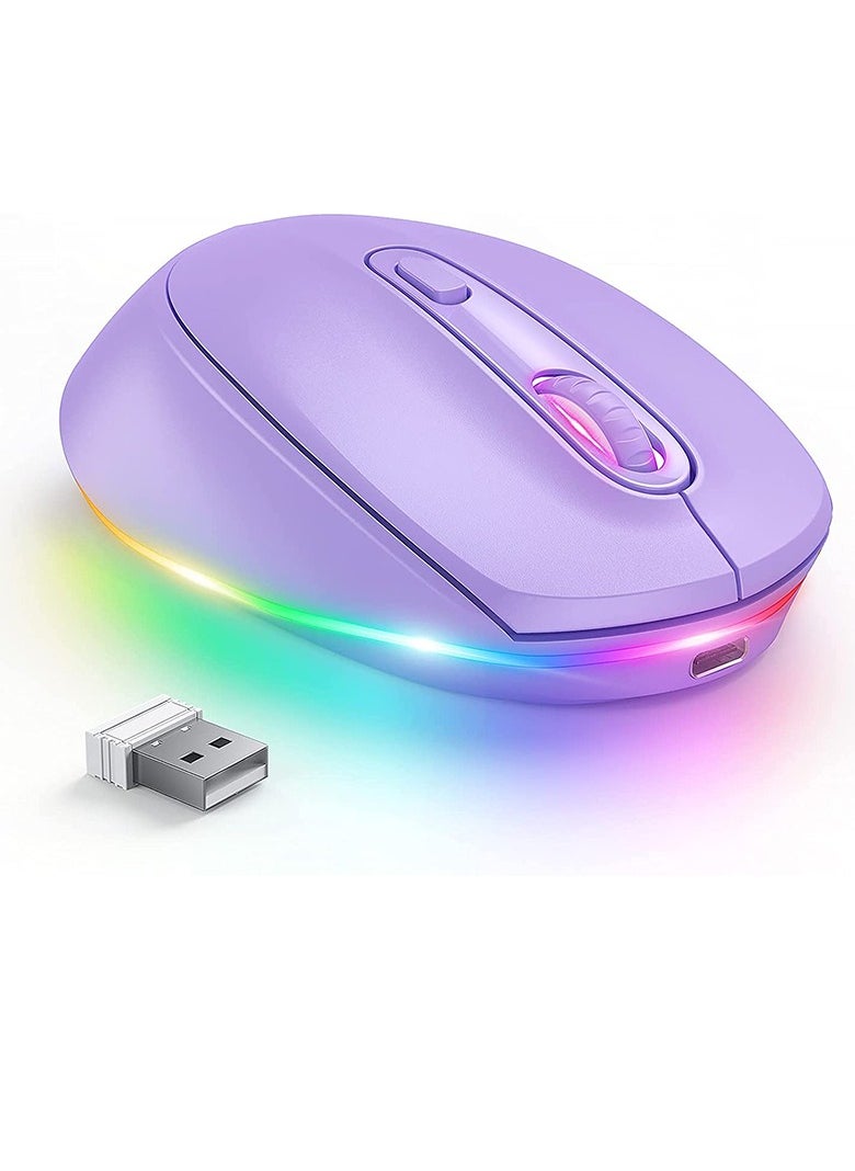 Wireless Mouse, Portable Rechargeable Light Up Mouse, Comfortable Grip Ultra Quiet Mouse, Small Cordless Gaming Mouse With LED Rainbow Lights For Computer Laptop, (1pc, Purple)