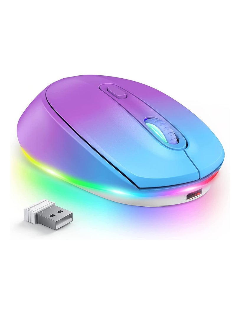 Wireless Mouse, Portable Rechargeable Light Up Mouse, Comfortable Grip Ultra Quiet Mouse, Small Cordless Gaming Mouse With LED Rainbow Lights For Computer Laptop, (1pc, Blue Purple)