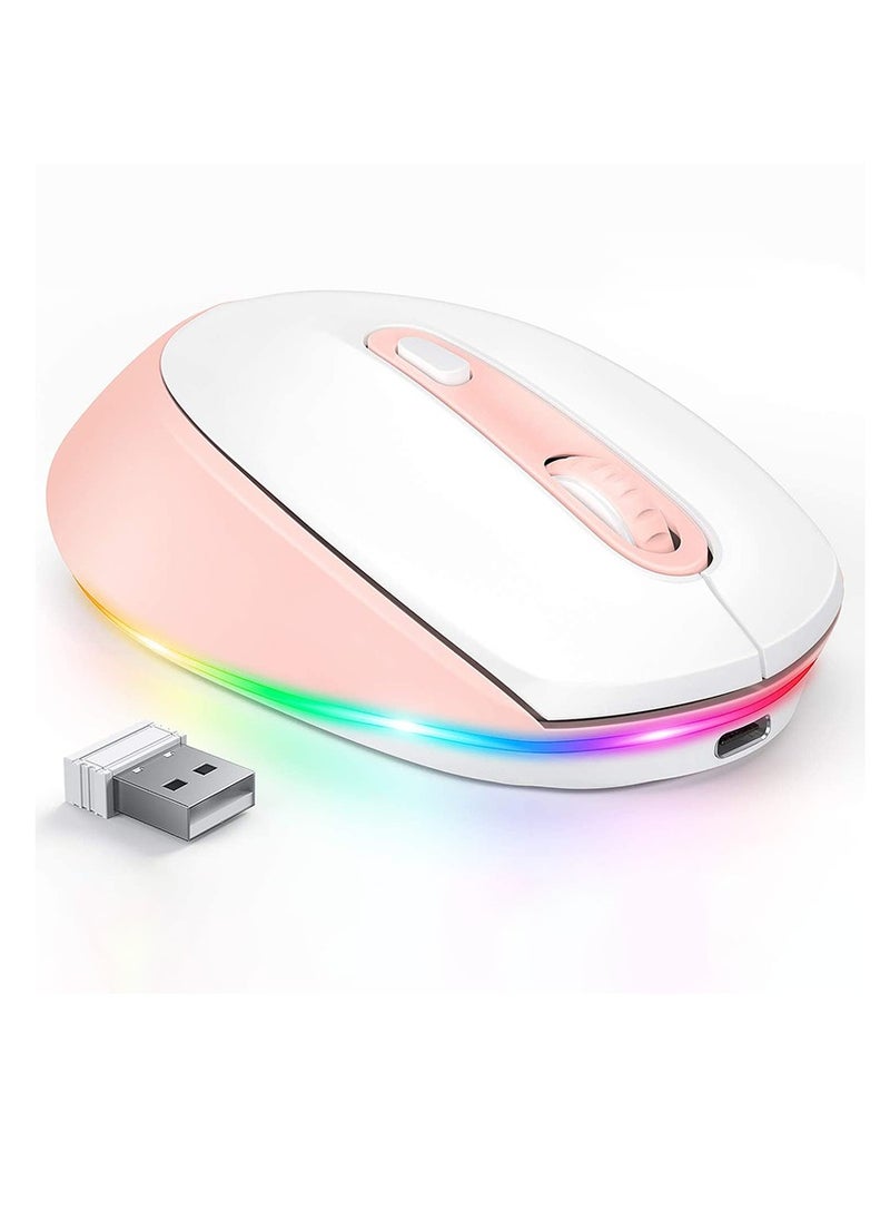 Wireless Mouse, Portable Rechargeable Light Up Mouse, Comfortable Grip Ultra Quiet Mouse, Small Cordless Gaming Mouse With LED Rainbow Lights For Computer Laptop, (1pc, White Pink)