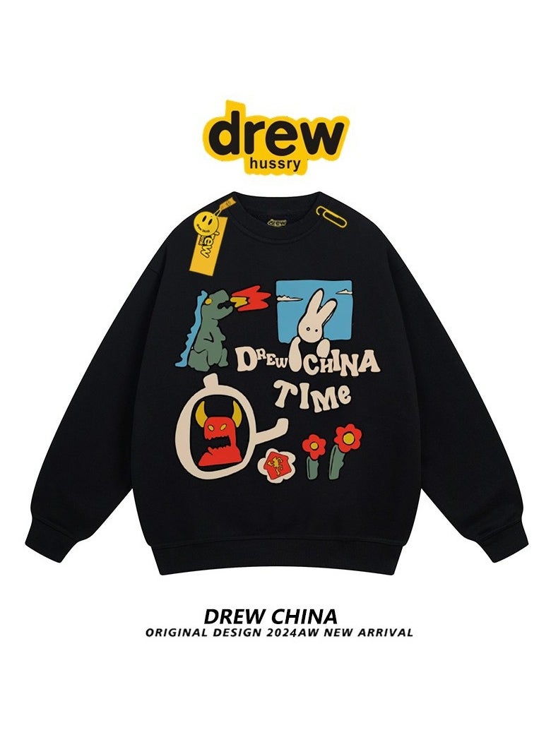 New Drew Retro Graffiti Cartoon Printed Round Neck Hoodie