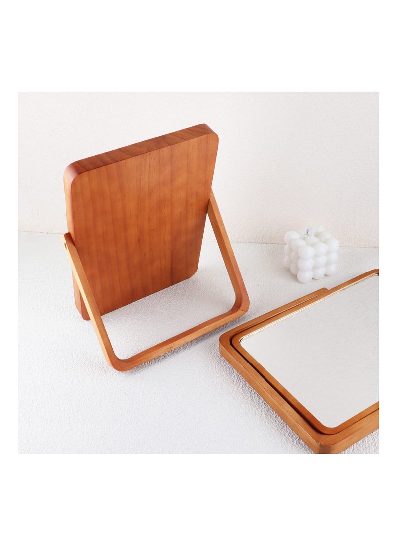 Wooden Desk Mirror For Makeup Small Rounded Rectangle Natural Cosmetic Mirror With Adjustable Stand For Makeup Table Aesthetic Desk Decor Rectangle Wall Table Makeup Mirrors For Bathroom Bedroom