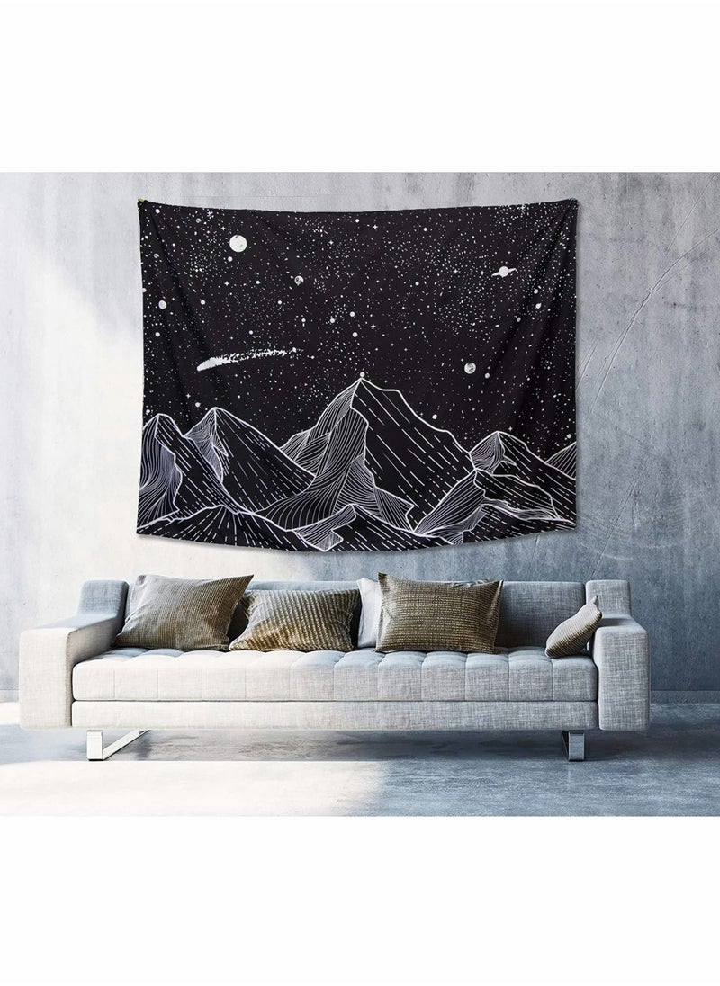 Mountain Moon Tapestry Wall Hanging, Black and White Nature Starry Night Sky Stars Tapestry with Meteor and Galaxy Bedroom Home Wall Decor Printed Tapestry (50 Inch x 60 Inch)