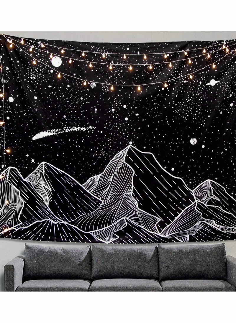 Mountain Moon Tapestry Wall Hanging, Black and White Nature Starry Night Sky Stars Tapestry with Meteor and Galaxy Bedroom Home Wall Decor Printed Tapestry (50 Inch x 60 Inch)