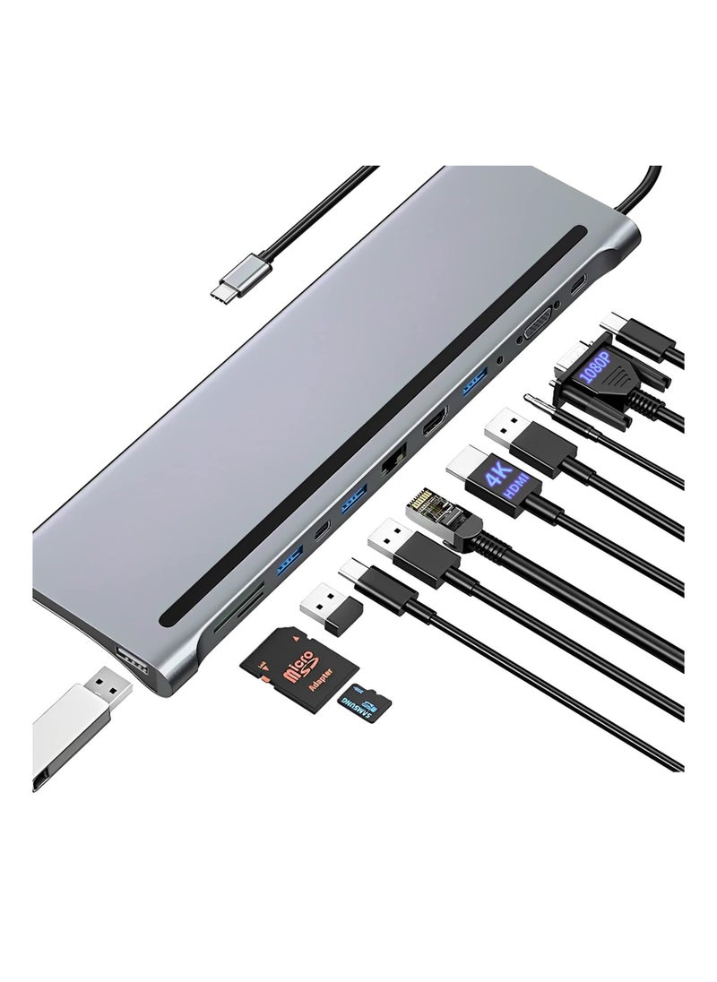 USB C HUB Docking Station Dual Monitor, 12 in 1 Triple Display Thunderbolt 3 USB C, HDMI 4K, VGA, 3.5Audio, Ethernet, USB-C, SD/ TF, Compatible with Dell/ Surface/ HP/ Lenovo Laptops