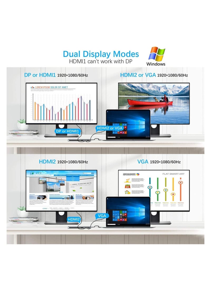 USB C HUB Docking Station Dual Monitor, 12 in 1 Triple Display Thunderbolt 3 USB C, HDMI 4K, VGA, 3.5Audio, Ethernet, USB-C, SD/ TF, Compatible with Dell/ Surface/ HP/ Lenovo Laptops