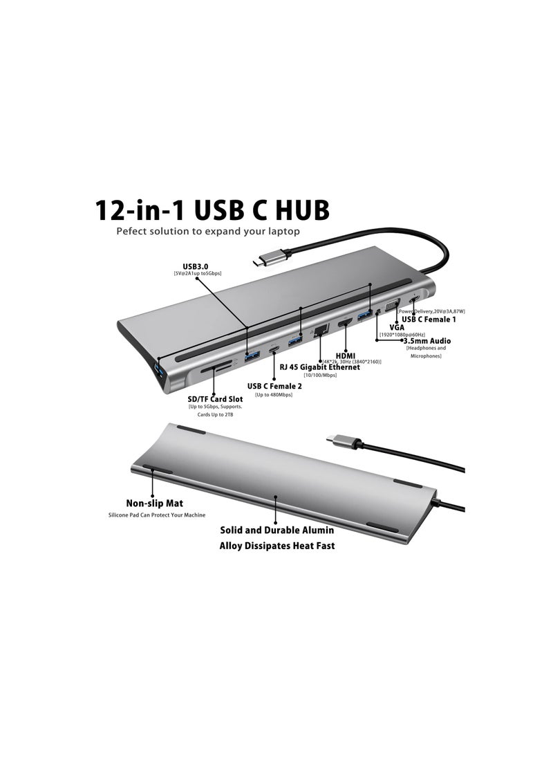 USB C HUB Docking Station Dual Monitor, 12 in 1 Triple Display Thunderbolt 3 USB C, HDMI 4K, VGA, 3.5Audio, Ethernet, USB-C, SD/ TF, Compatible with Dell/ Surface/ HP/ Lenovo Laptops