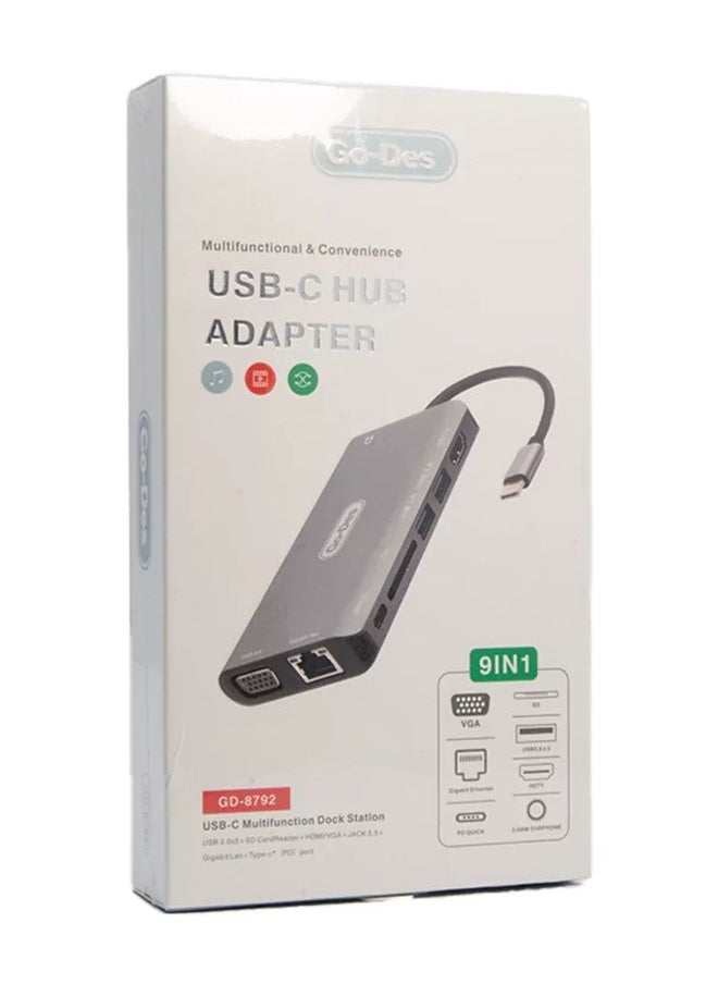 8 in 1 USB-C Hub Adapter GD-8792 – Power Delivery, High-Speed Data Transfer, HDMI, Ethernet & SD/MicroSD Ports, Compact and Portable Design