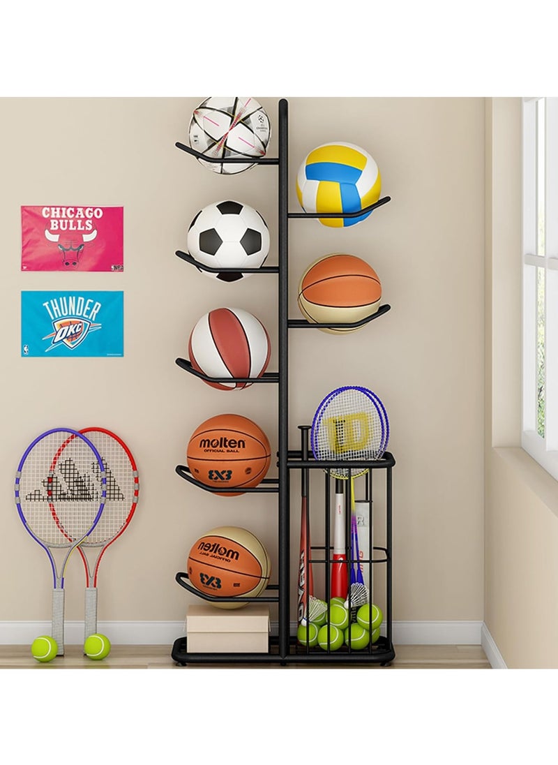 Sports Equipment Storage Organizer Rack | Garage Ball Rack for Basketballs, Footballs, Baseball Bats, and Tennis Rackets | Easy-to-Assemble Sports Gear Holder for Home or Gym