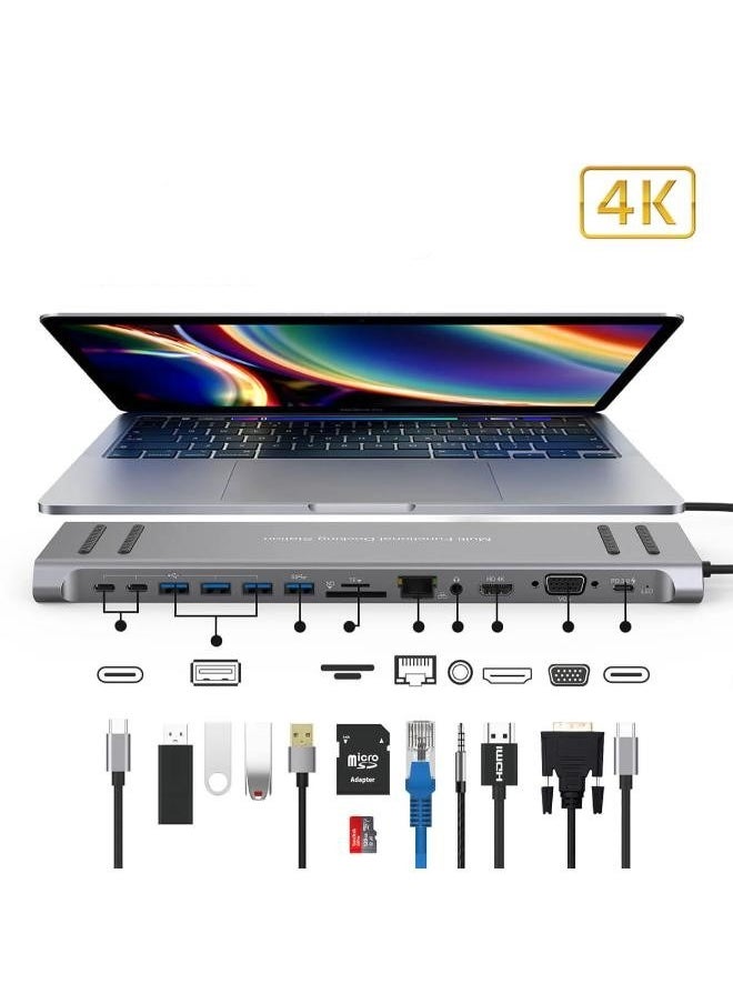 14 In 1 Type C Multi function Docking Station Laptop Base USB C Hub Good Product 4U Micro SD Card Reader for MacBook Pro Air  iPad Samsung Galaxy