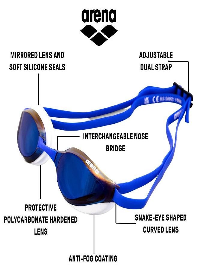 Arena Python Racing Swim Goggles for Men and Women, UV Protection, Anti-Fog, Dual Strap, Mirror Lens, Blue Mirror/White