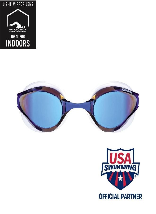Arena Python Racing Swim Goggles for Men and Women, UV Protection, Anti-Fog, Dual Strap, Mirror Lens, Blue Mirror/White