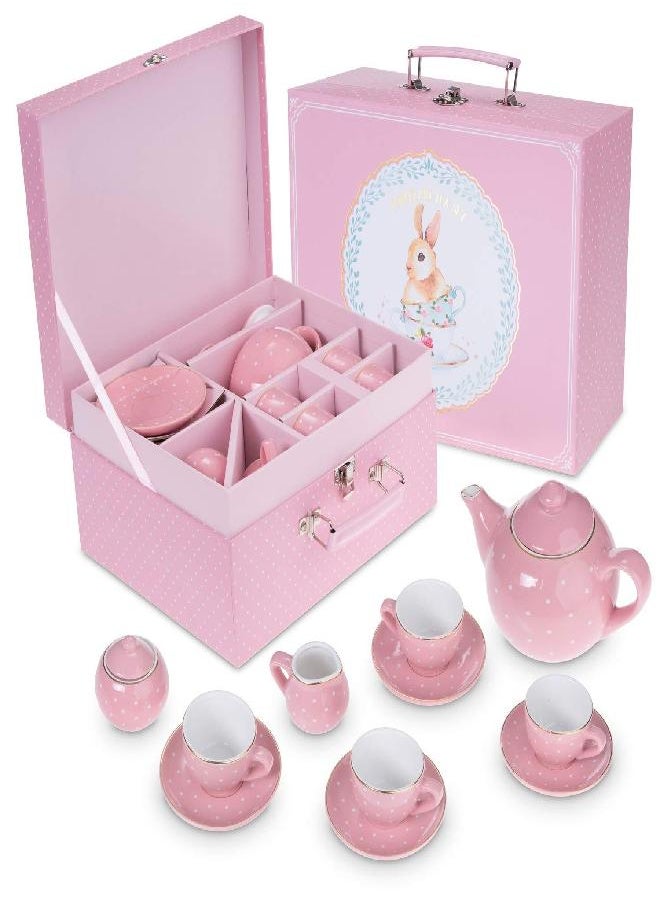 Porcelain Tea Set for Little Girls - Mini Ceramic Tea Cups Toy - Ideal for Kids Tea Party - Tea Glass Toys for Toddlers and Children Ages 3 Years Old - Safe for Child's Play Time in the Kitchen (Pink)