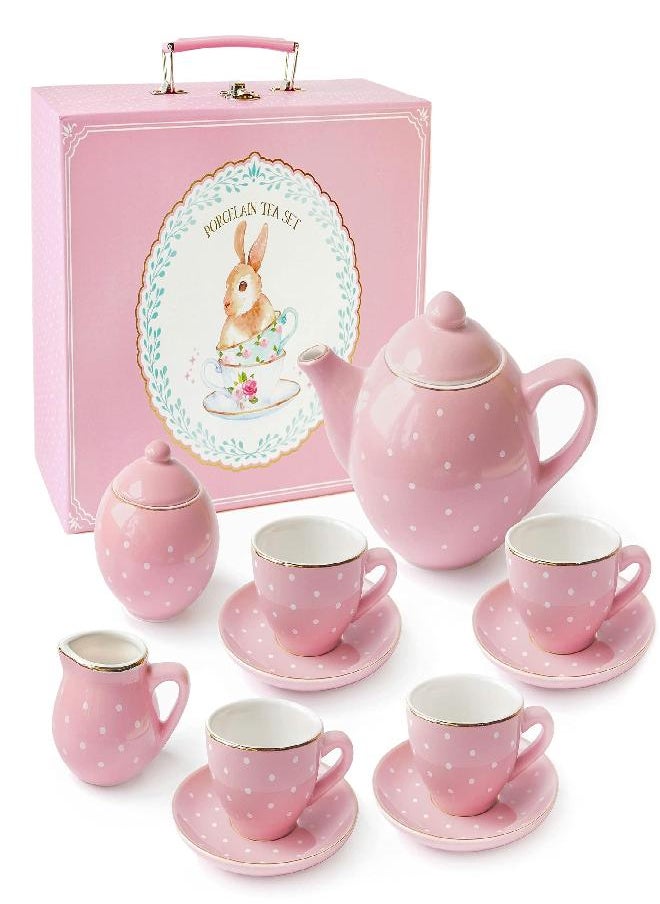 Porcelain Tea Set for Little Girls - Mini Ceramic Tea Cups Toy - Ideal for Kids Tea Party - Tea Glass Toys for Toddlers and Children Ages 3 Years Old - Safe for Child's Play Time in the Kitchen (Pink)