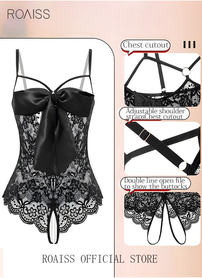 Sweet Lingerie Lace One-Piece Underwear for Women Backless Hollow out Uniform Temptation Passion Bowknot Bodysuit Sleepwear Black