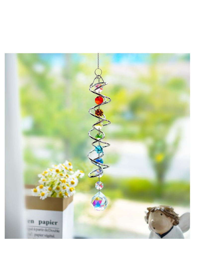 Suncatcher Wind Spinner Gazing Ball Spiral Tail, Garden Suncatcher Crystal Pendant, Round Shaped Glass Prisms Beads Chain with Seven Chakra Beads, Suncatchers for Windows Hanging for Home Garden