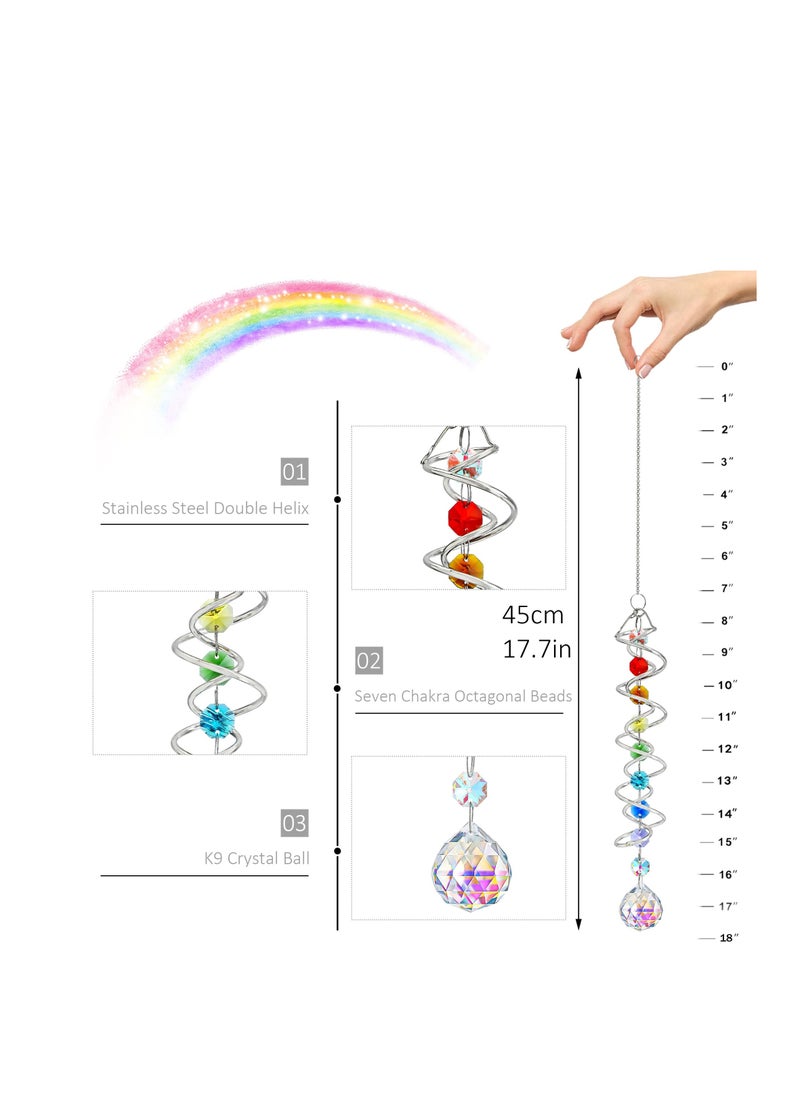 Suncatcher Wind Spinner Gazing Ball Spiral Tail, Garden Suncatcher Crystal Pendant, Round Shaped Glass Prisms Beads Chain with Seven Chakra Beads, Suncatchers for Windows Hanging for Home Garden