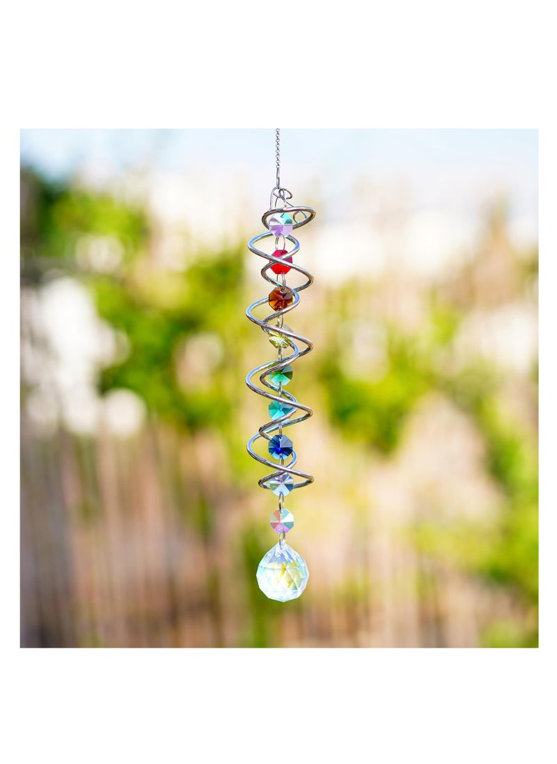 Suncatcher Wind Spinner Gazing Ball Spiral Tail, Garden Suncatcher Crystal Pendant, Round Shaped Glass Prisms Beads Chain with Seven Chakra Beads, Suncatchers for Windows Hanging for Home Garden