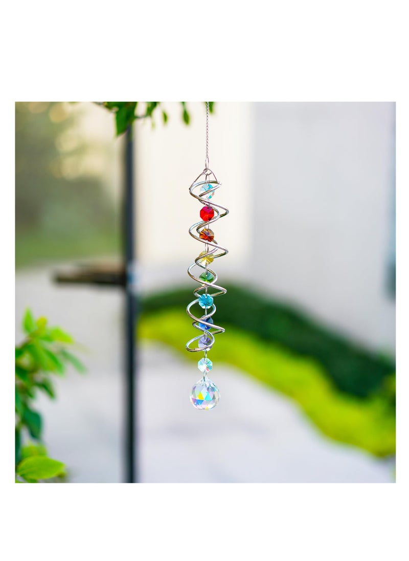 Suncatcher Wind Spinner Gazing Ball Spiral Tail, Garden Suncatcher Crystal Pendant, Round Shaped Glass Prisms Beads Chain with Seven Chakra Beads, Suncatchers for Windows Hanging for Home Garden