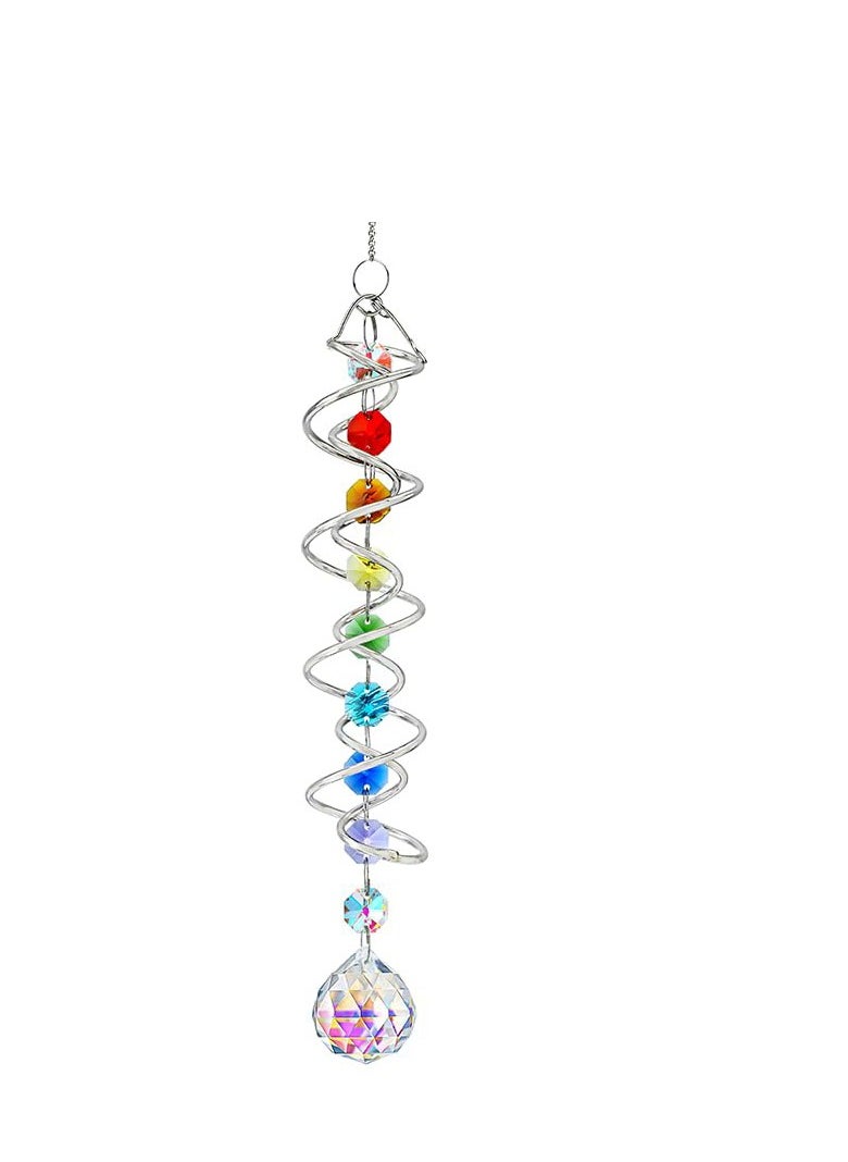 Suncatcher Wind Spinner Gazing Ball Spiral Tail, Garden Suncatcher Crystal Pendant, Round Shaped Glass Prisms Beads Chain with Seven Chakra Beads, Suncatchers for Windows Hanging for Home Garden