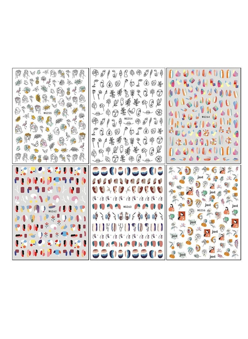 Nail Art Stickers,Graffiti Fun Abstract Nail Decals 3D Self Adhesive Abstract Lady Face Rose Leaf Nail Design Manicure Tips Nail Decoration for Women Girls Kids (6 Sheets)