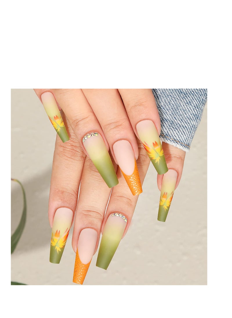 Fall Press on Nails Long Coffin Fake Nails Full Cover Stick on Nails Autumn Thanksgiving Maple Leaves False Nails with Designs Yellow with Rhinestones Press on Nails Acrylic Nails for Women Girls