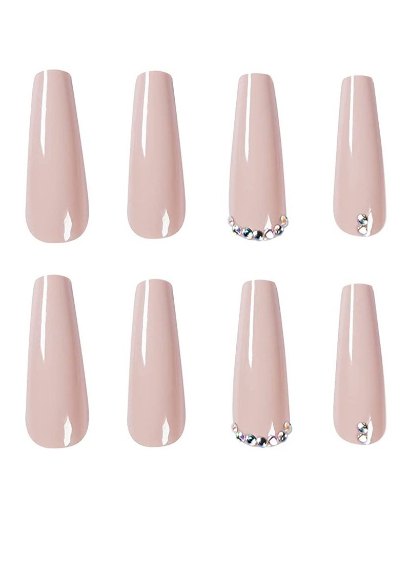 24pcs Extra Long Coffin Press-On Nails, Glossy Full Cover with Rhinestones, Artificial Nail Tips for Women and Girls in Pink