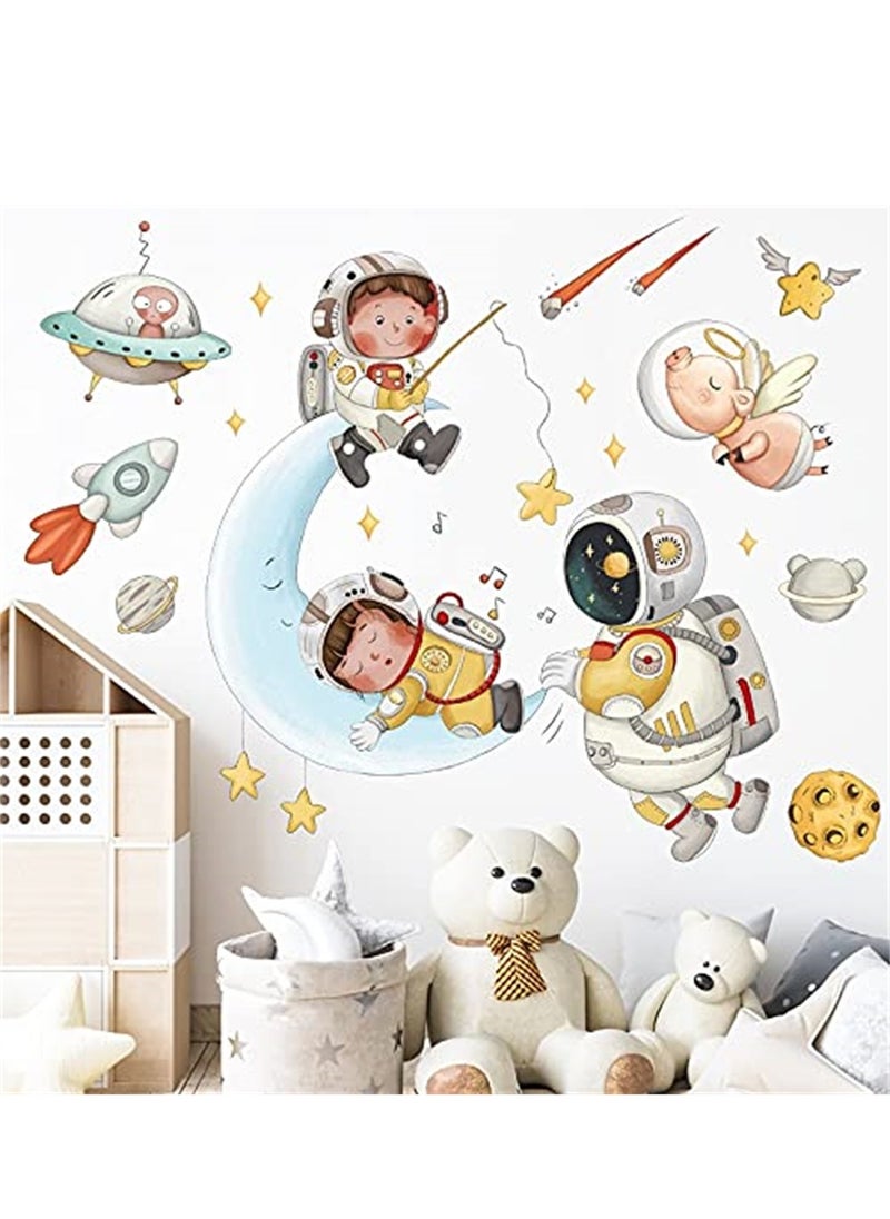 Astronaut Wall Stickers, Cartoon Astronaut Outer Space Moon Wall Stickers, DIY Removable Large Wall Art Decoration, Kids Wall Decals for Kids Baby Boys Girls Playroom Bedroom Decor